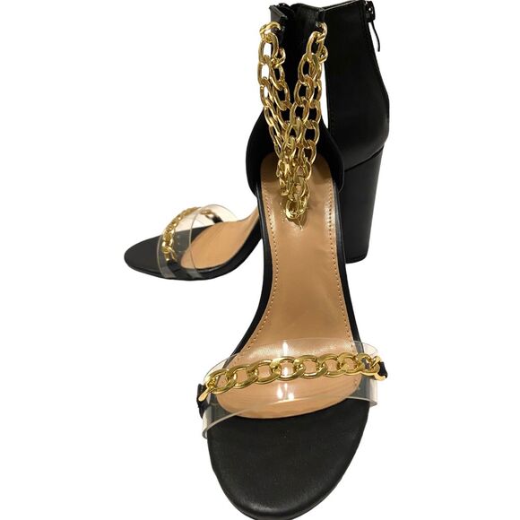 Nicole Miller Women Block Heel Black & Gold Ankle Chain Sandals Size 6 Back Zip - Picture 6 of 10